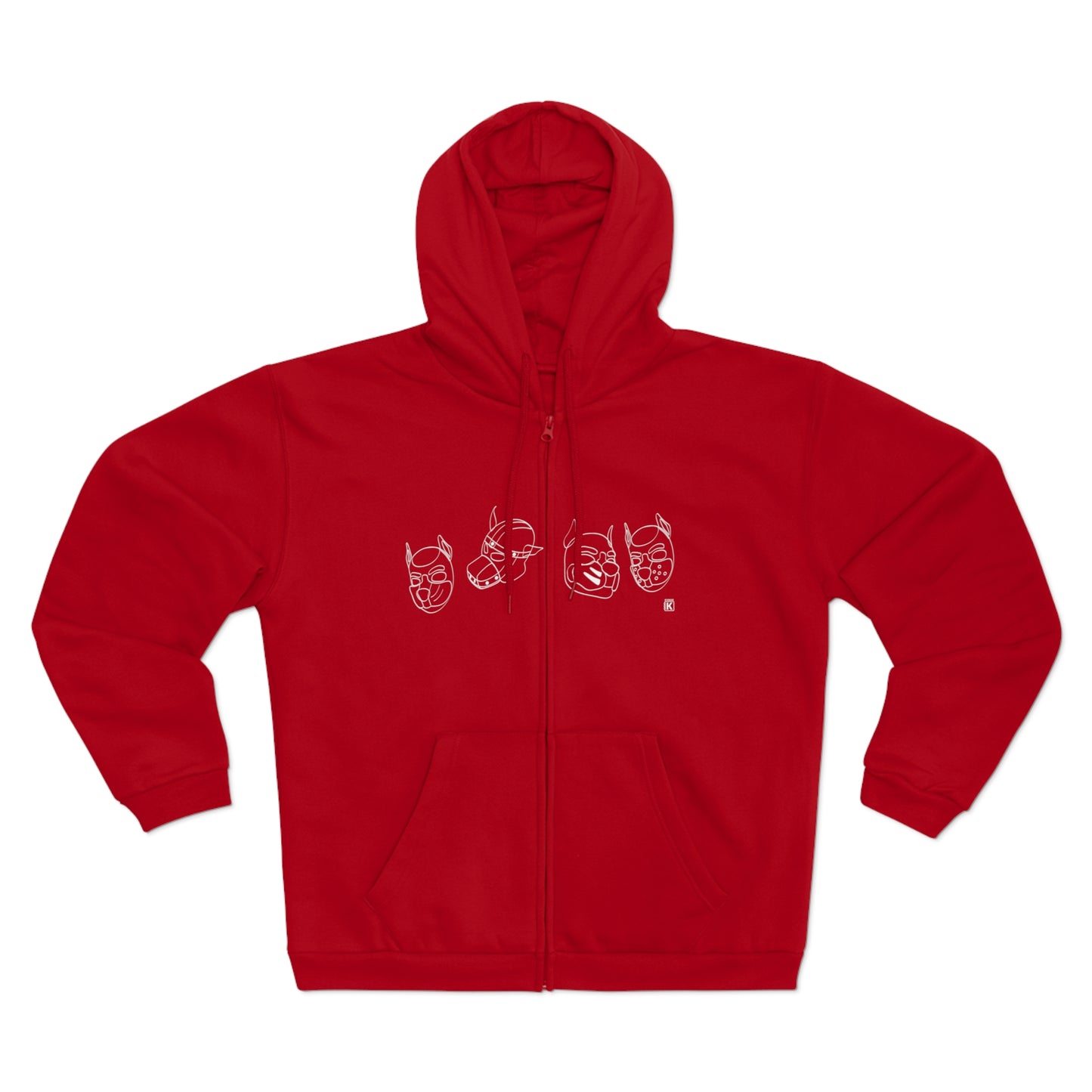 Red hoodie with white graphic design on a white background