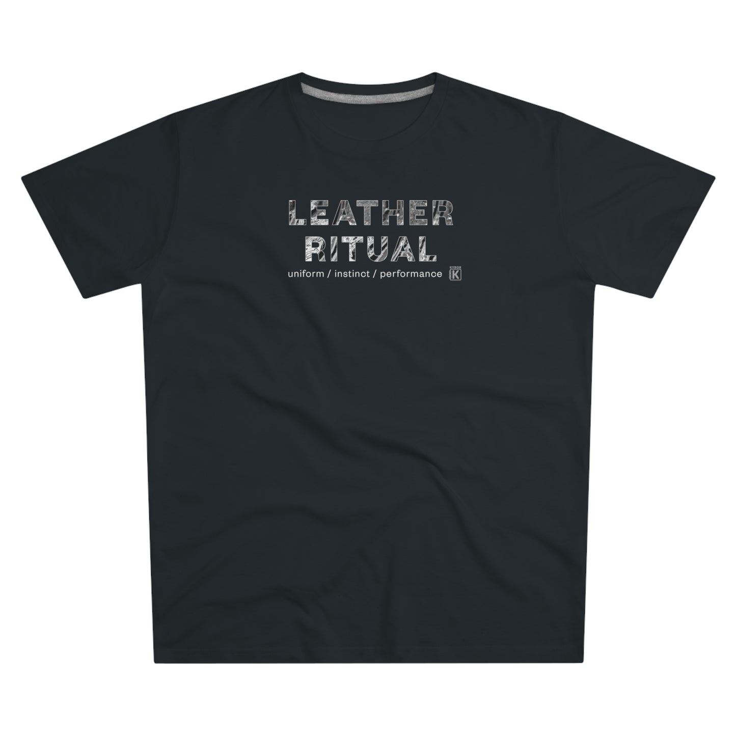 Black t-shirt with 'Leather Ritual' text on a white background