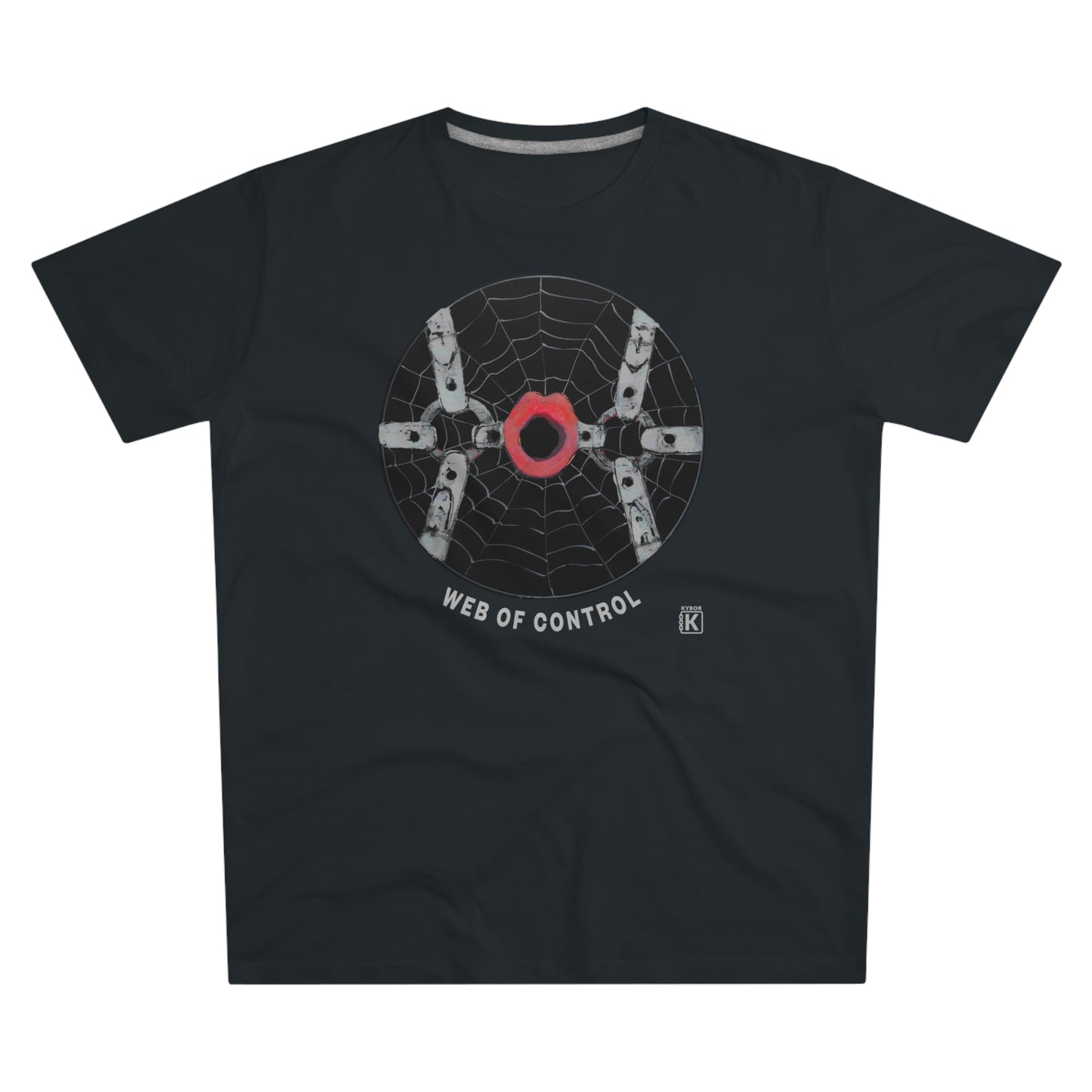 Black t-shirt with a spider web design and text on a white background