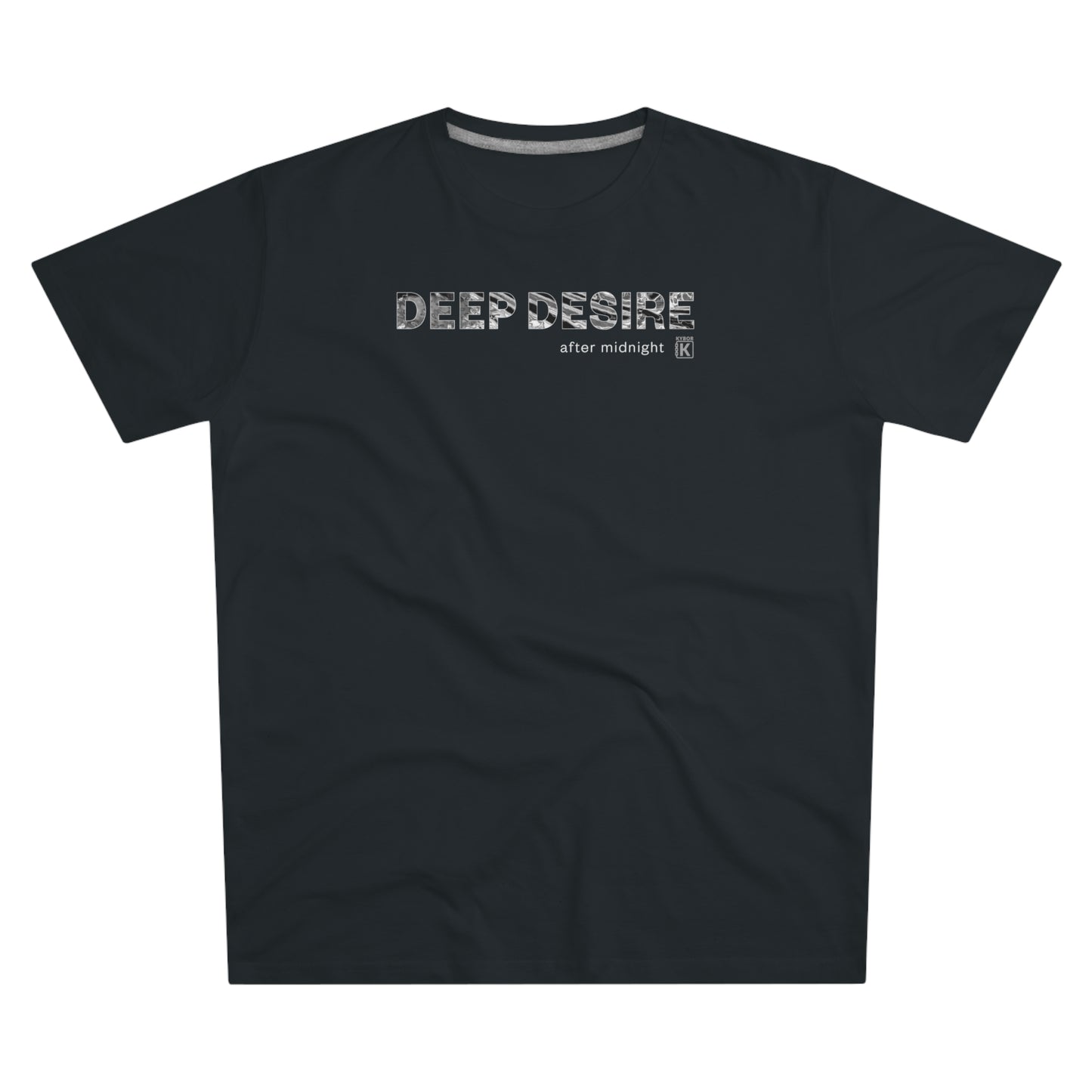 Black t-shirt with 'DEEP DESIRE' text on a white background