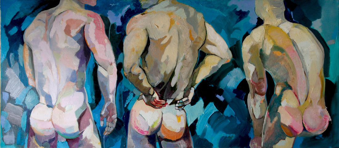 Oil painting with three torso figures in front of a blue background