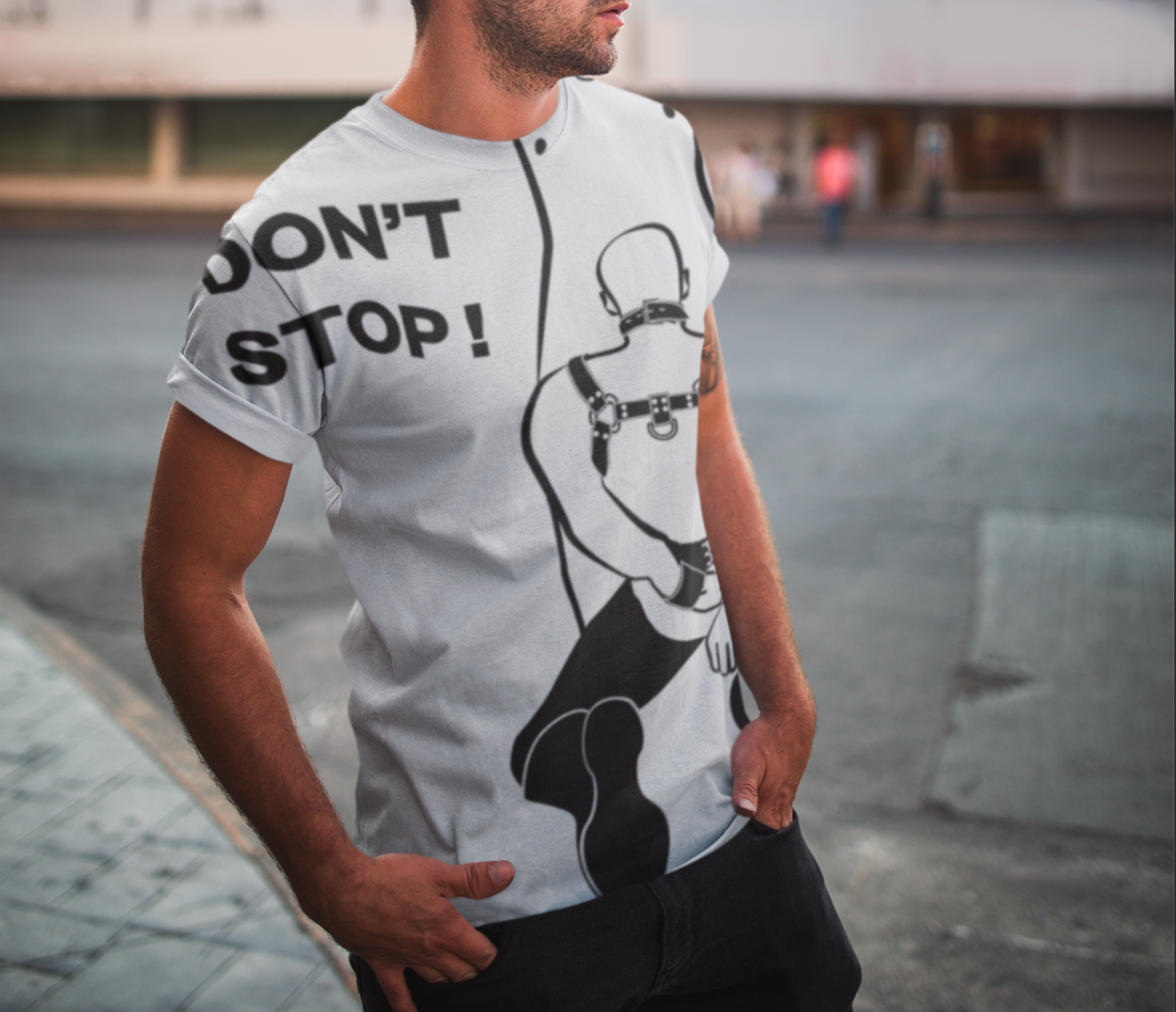 a-man-wearing-a-don't-stop-t-shirt-on-the-street