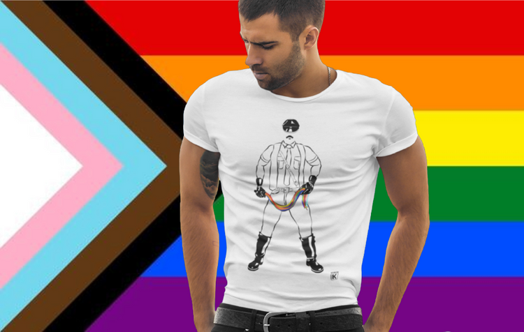 Handsome man wearing a white t-shirt with Tom of Finland inspired leatherman holding a rainbow pride whip