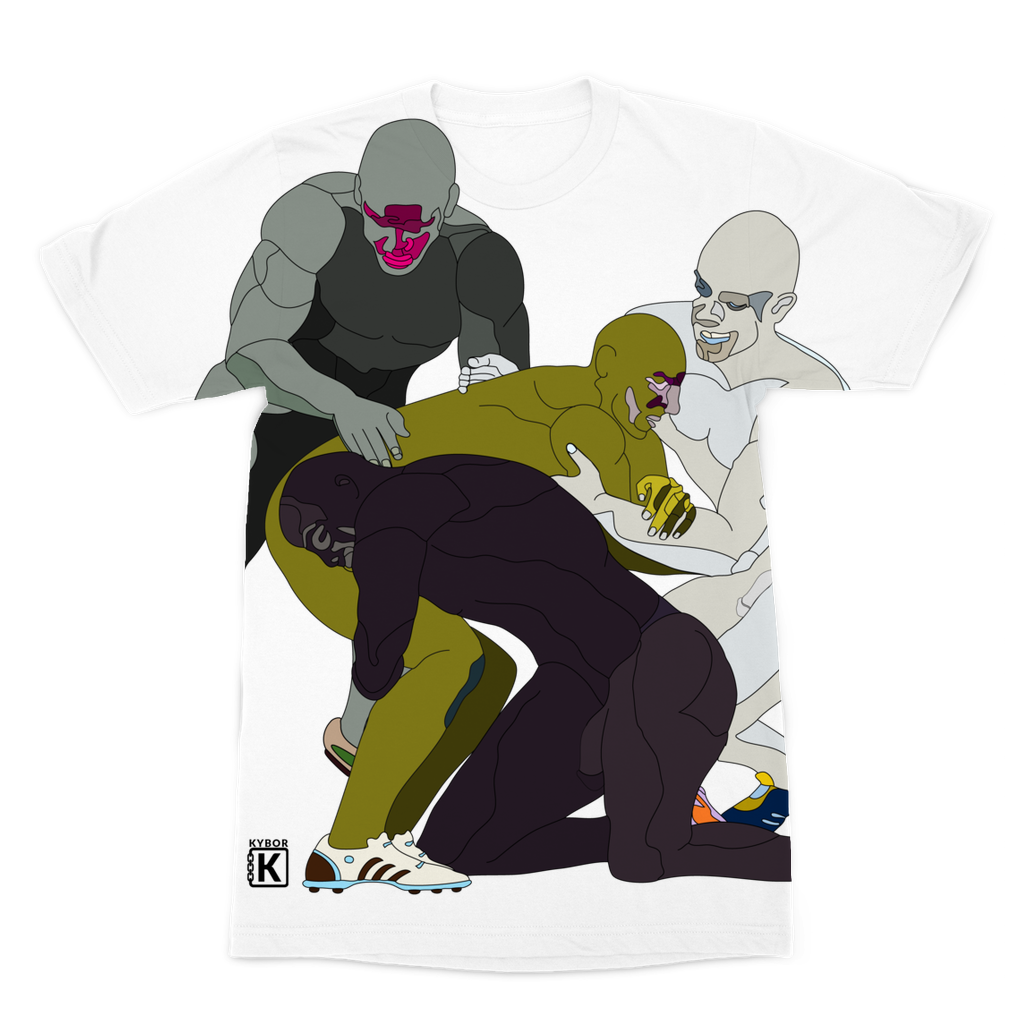 Premium All Over Print Design Polyester Crew-Neck T-Shirt - With a Graphic of Rugby Players In A Scrum