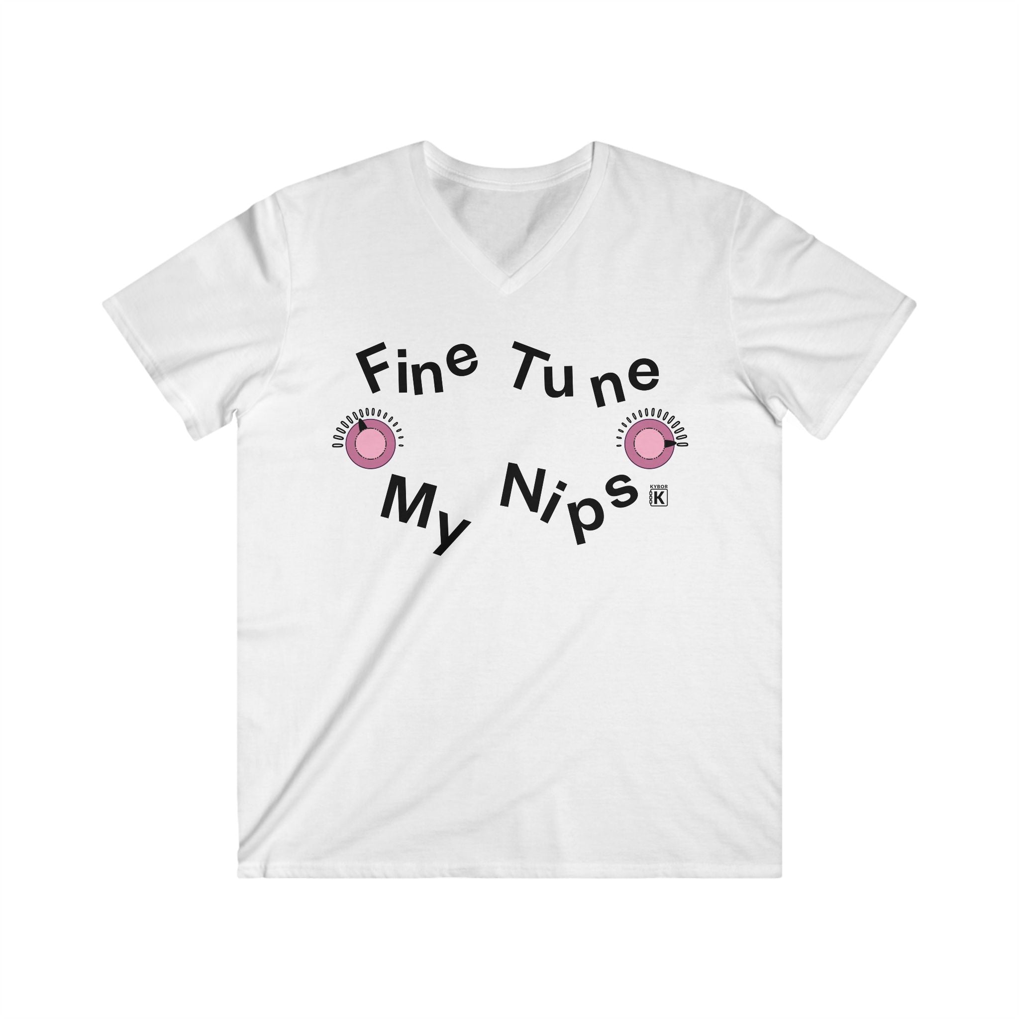 V-Neck T-Shirt - With Graphic And Cheeky Invitation To 'Fine Tune My Nips' Slogan