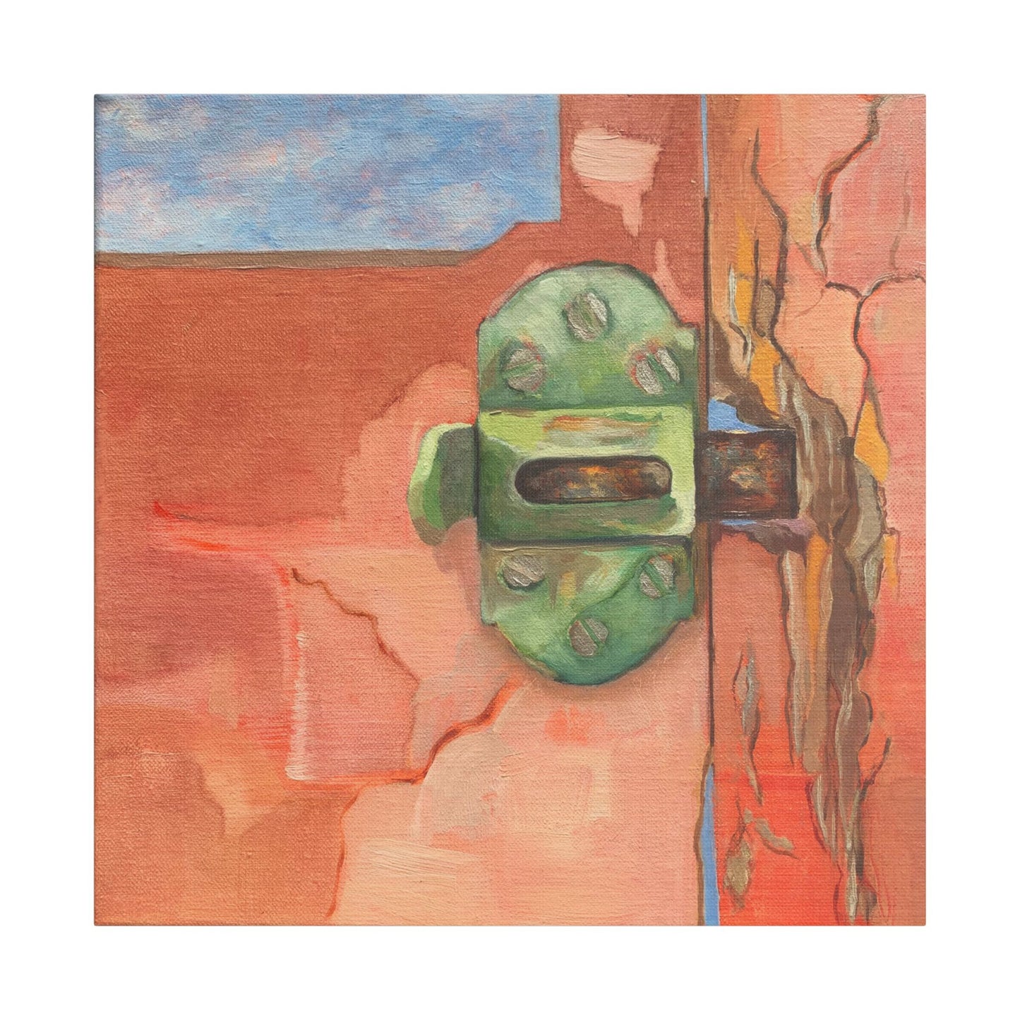 A painting with a green window latch against a textured warm orange coloured background.