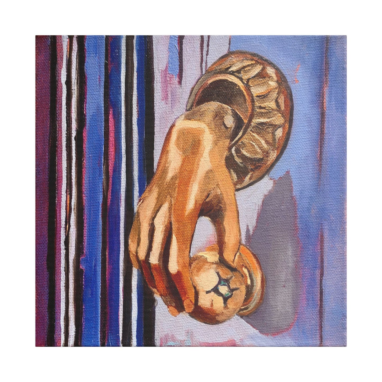 Painting of a door knocker hand on a striped canvas background