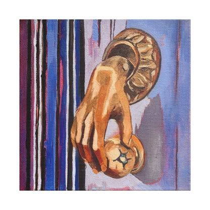 Painting of a door knocker hand on a striped canvas background