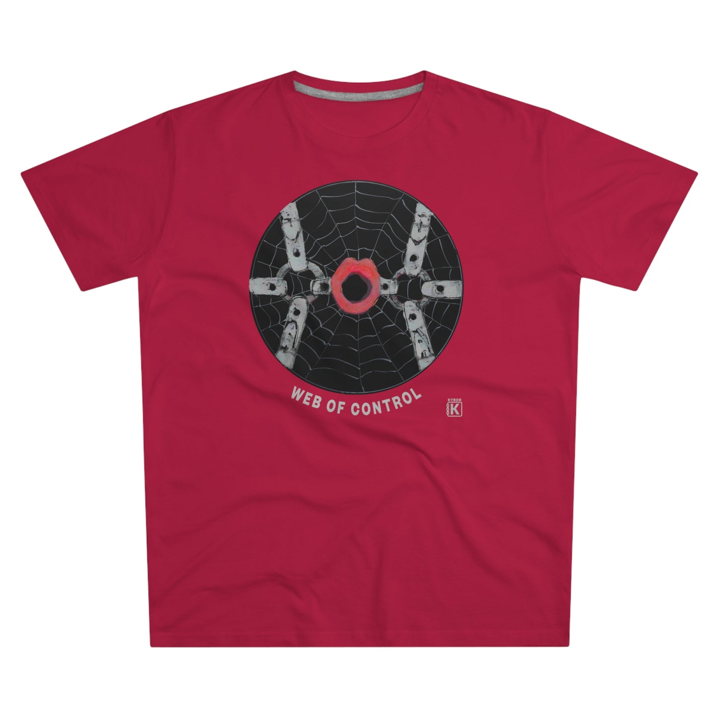 Red t-shirt with a black circular design of a spider web