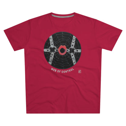 Red t-shirt with a black circular design of a spider web