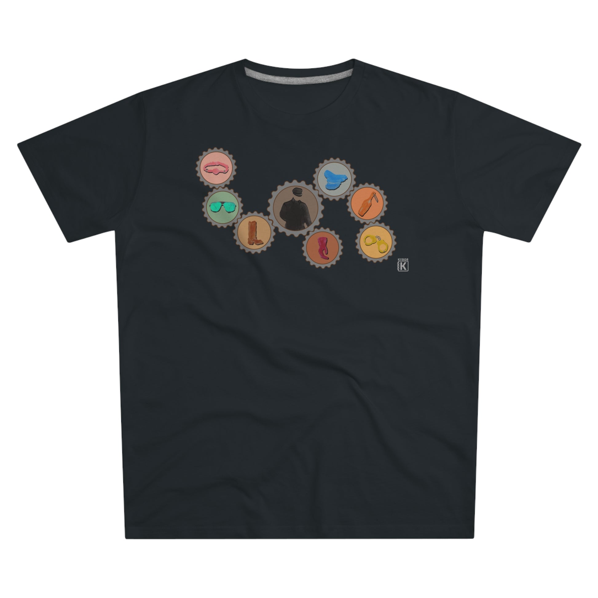 Black t-shirt with colorful graphic design on a white background