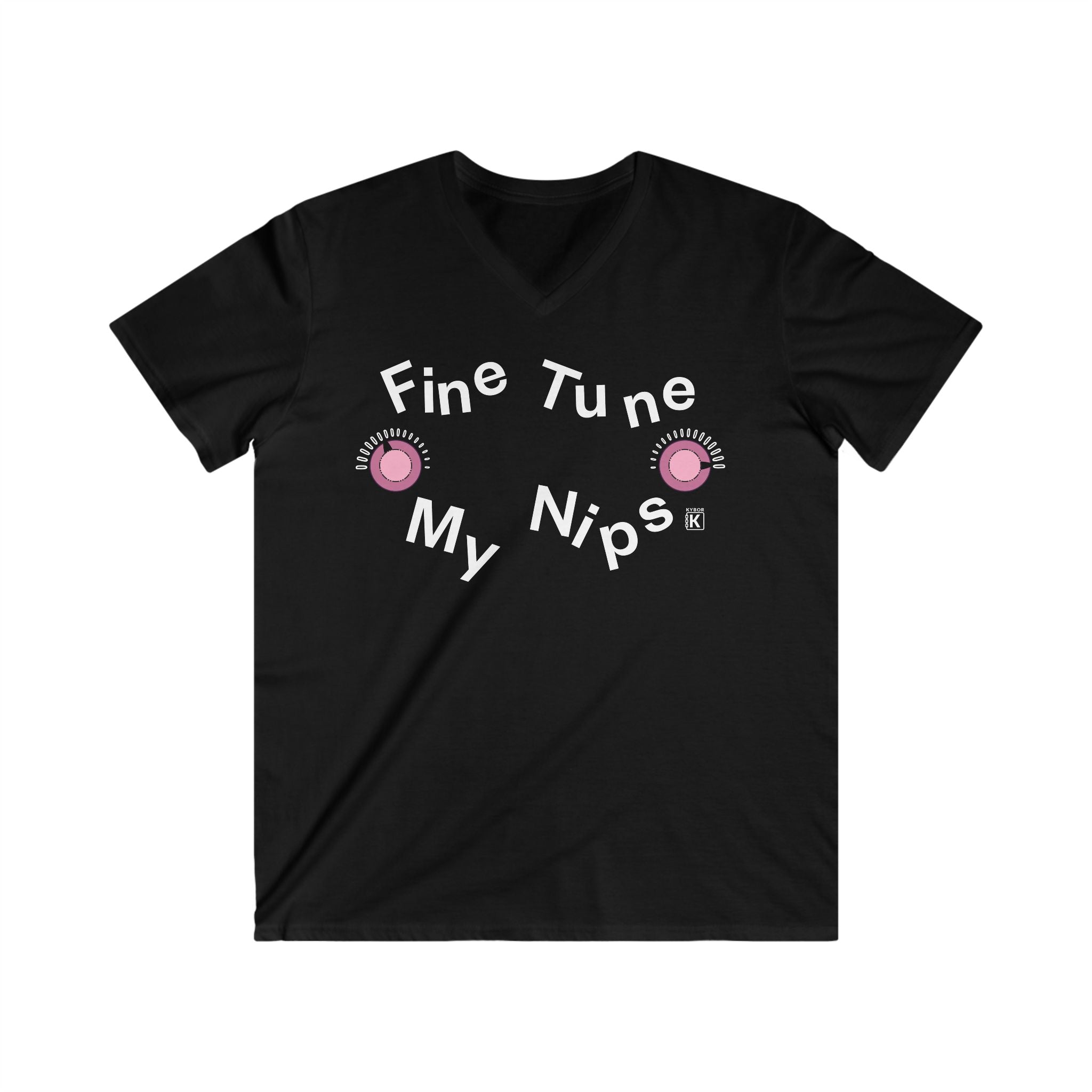 V-Neck T-Shirt - With Graphic And Cheeky Invitation To 'Fine Tune My Nips' Slogan