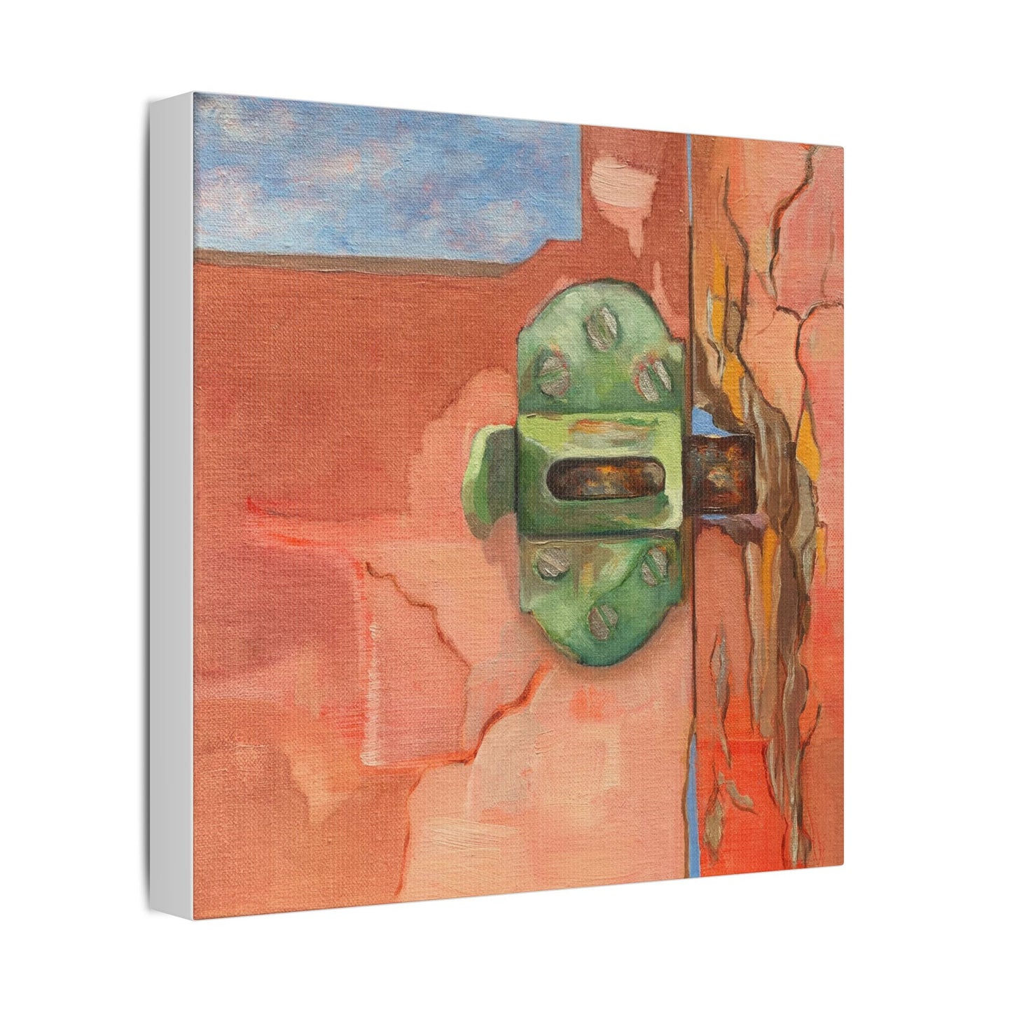 A painting with a green window latch against a textured warm orange coloured background.