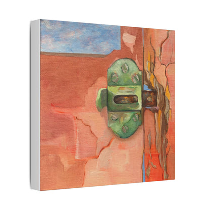 A painting with a green window latch against a textured warm orange coloured background.