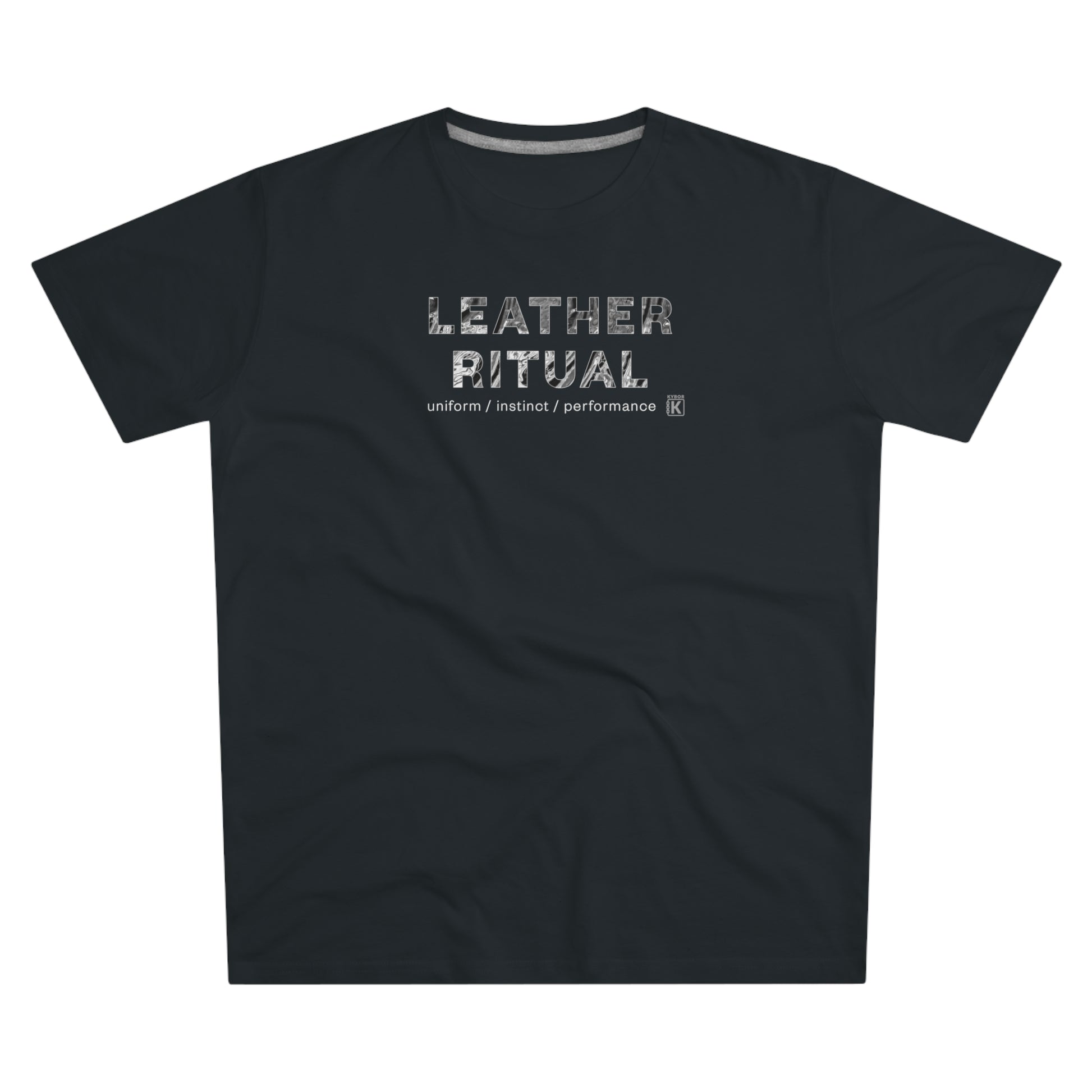 Black t-shirt with 'Leather Ritual' text on a white background