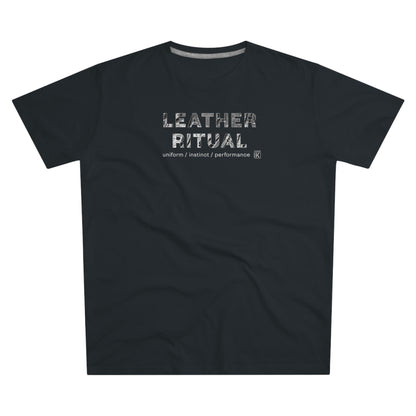 Black t-shirt with 'Leather Ritual' text on a white background