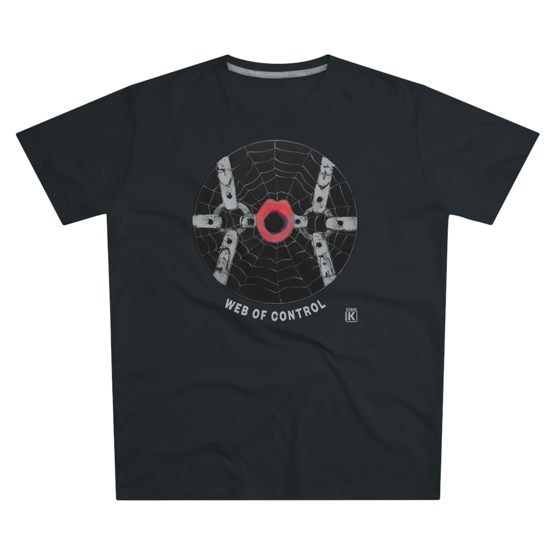 Black t-shirt with a spider web design and text on a white background