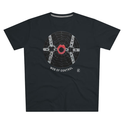 Black t-shirt with a spider web design and text on a white background