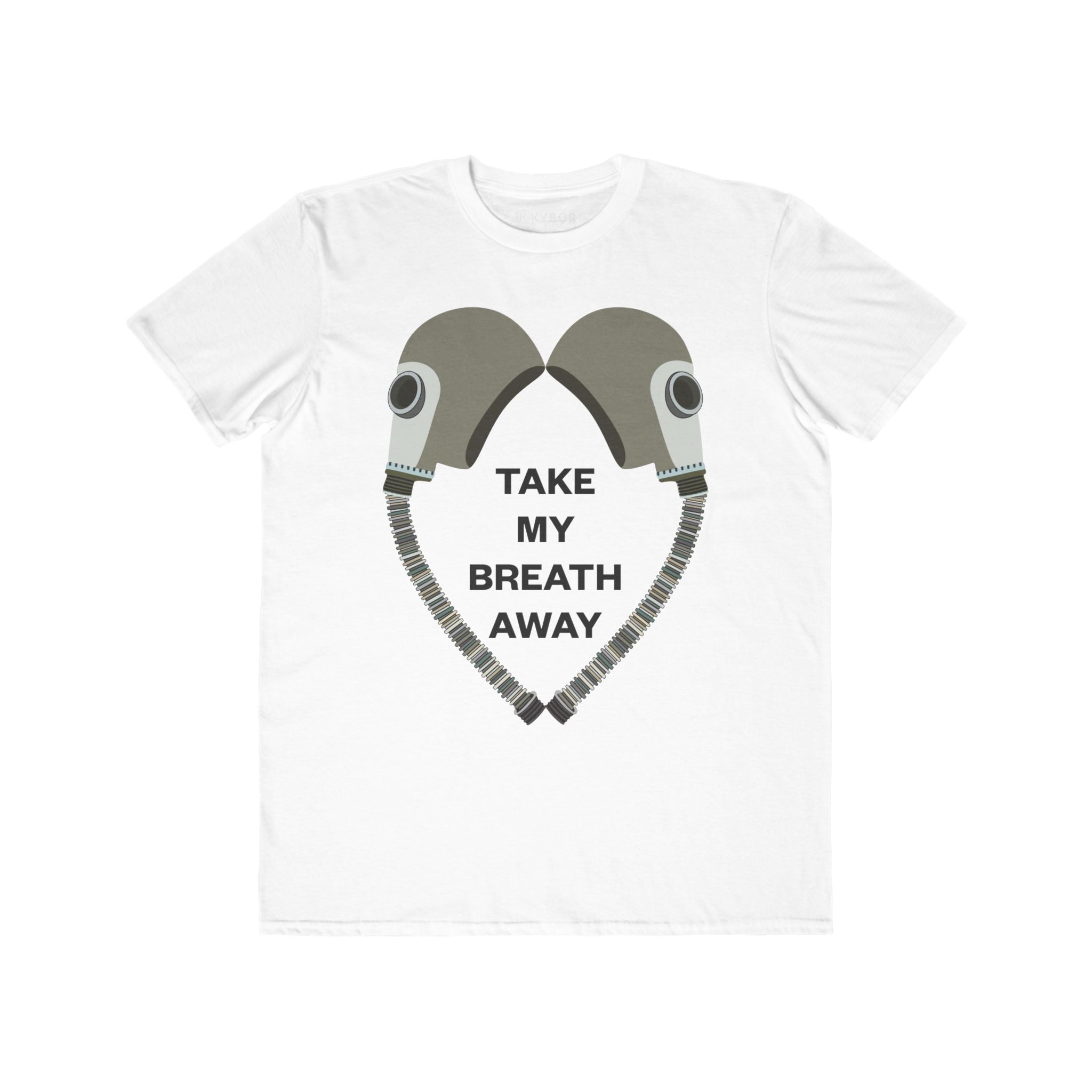 Crew-Neck T-Shirt - With Graphic Of Two Gas Masks In A Love Heart Design With 'Take My Breath Away' Slogan