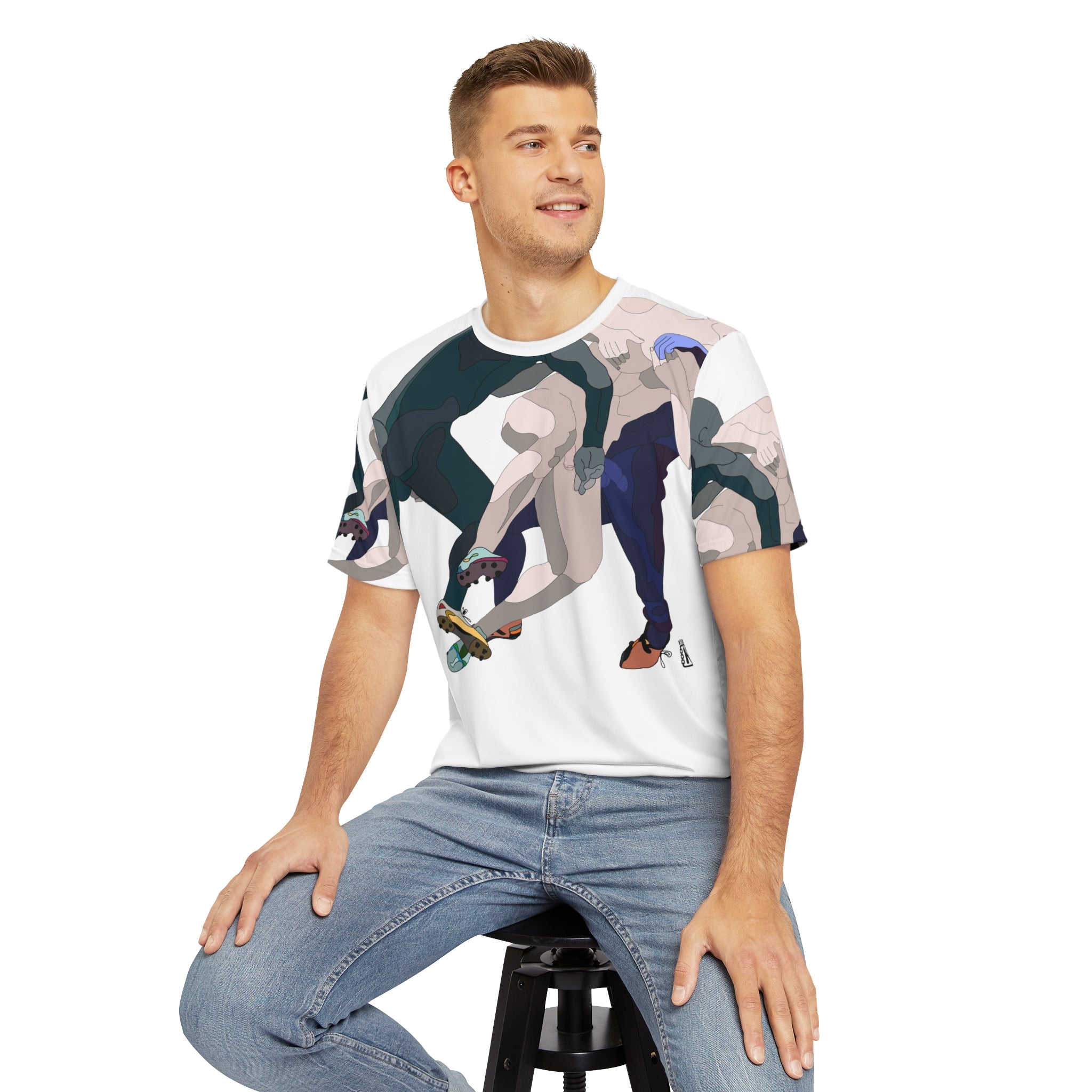 Premium All Over Print Design Polyester Crew-Neck T-Shirt - With a Graphic of Rugby Players In A Scrum