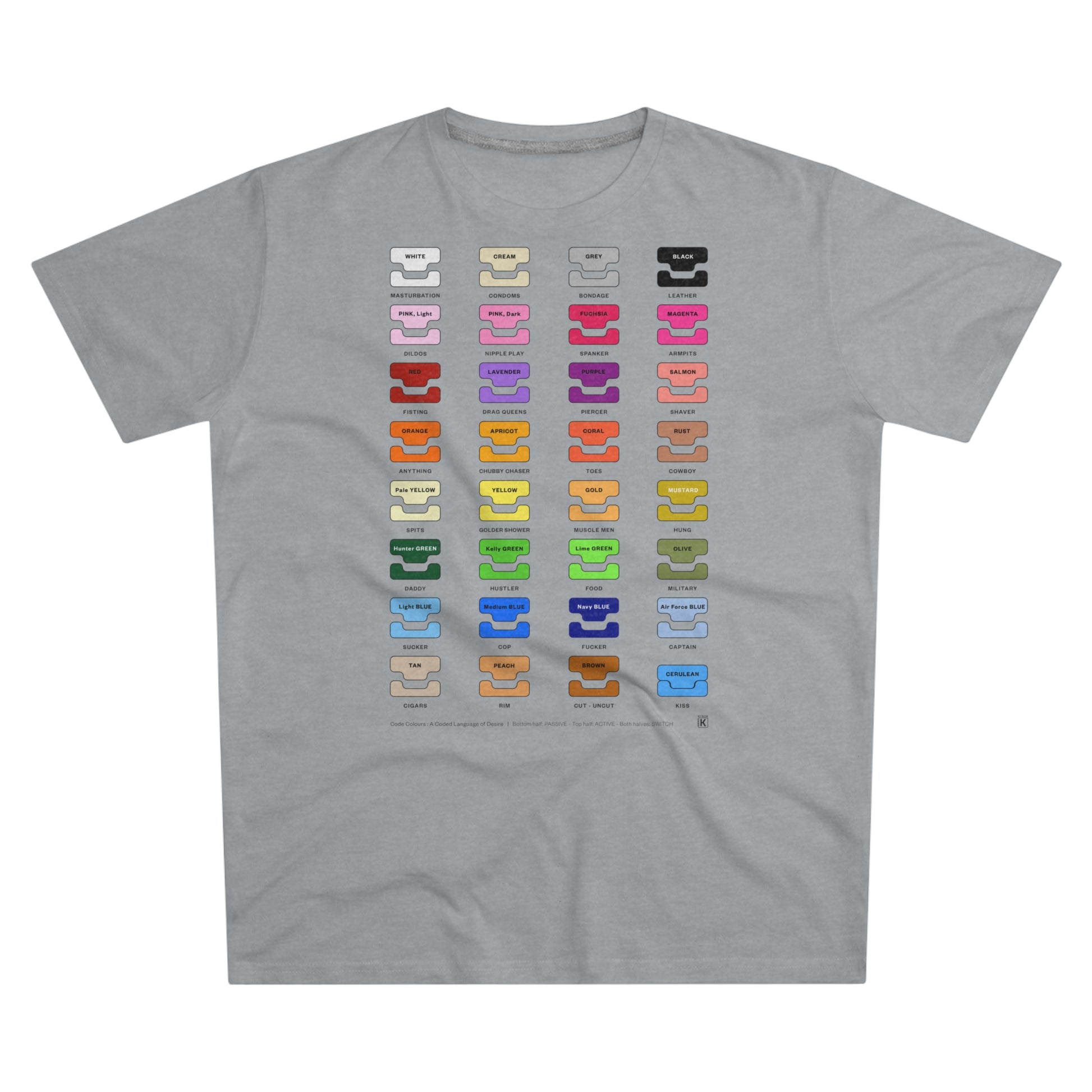 Grey t-shirt with colourful graphic design on a white background
