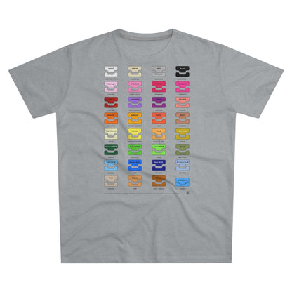 Grey t-shirt with colourful graphic design on a white background