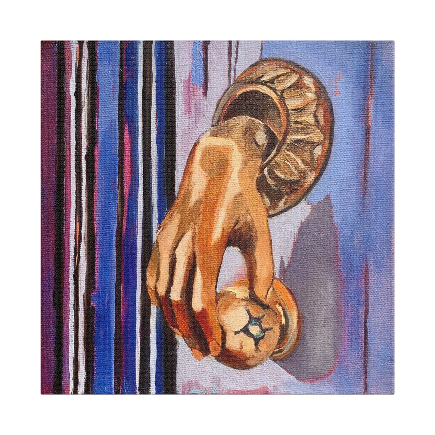 Painting of a door knocker hand on a striped canvas background