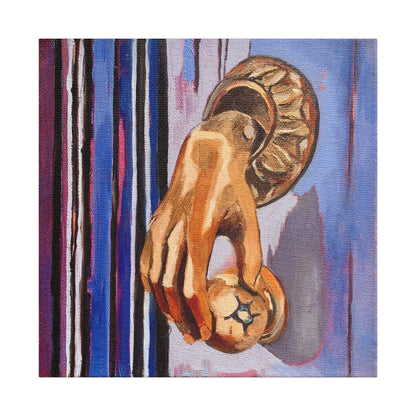 Painting of a door knocker hand on a striped canvas background
