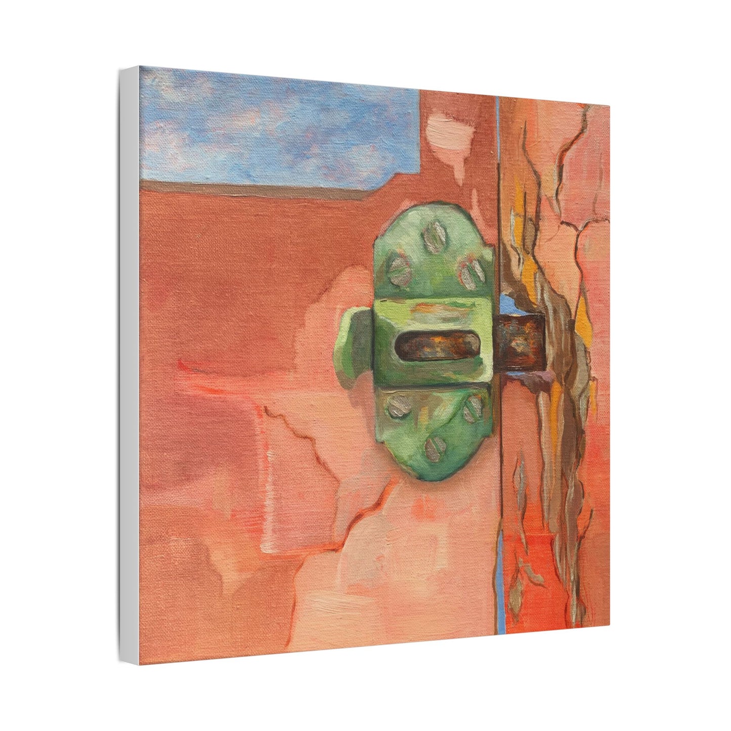 A painting with a green window latch against a textured warm orange coloured background.