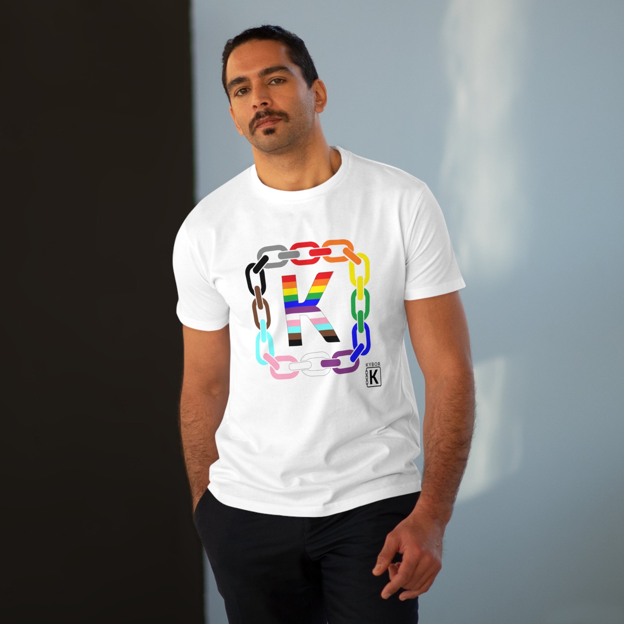 100% Cotton Crew-Neck T-Shirt - Featuring The KYBOR Logo With Interlocking Chain Link In Pride Rainbow Colours