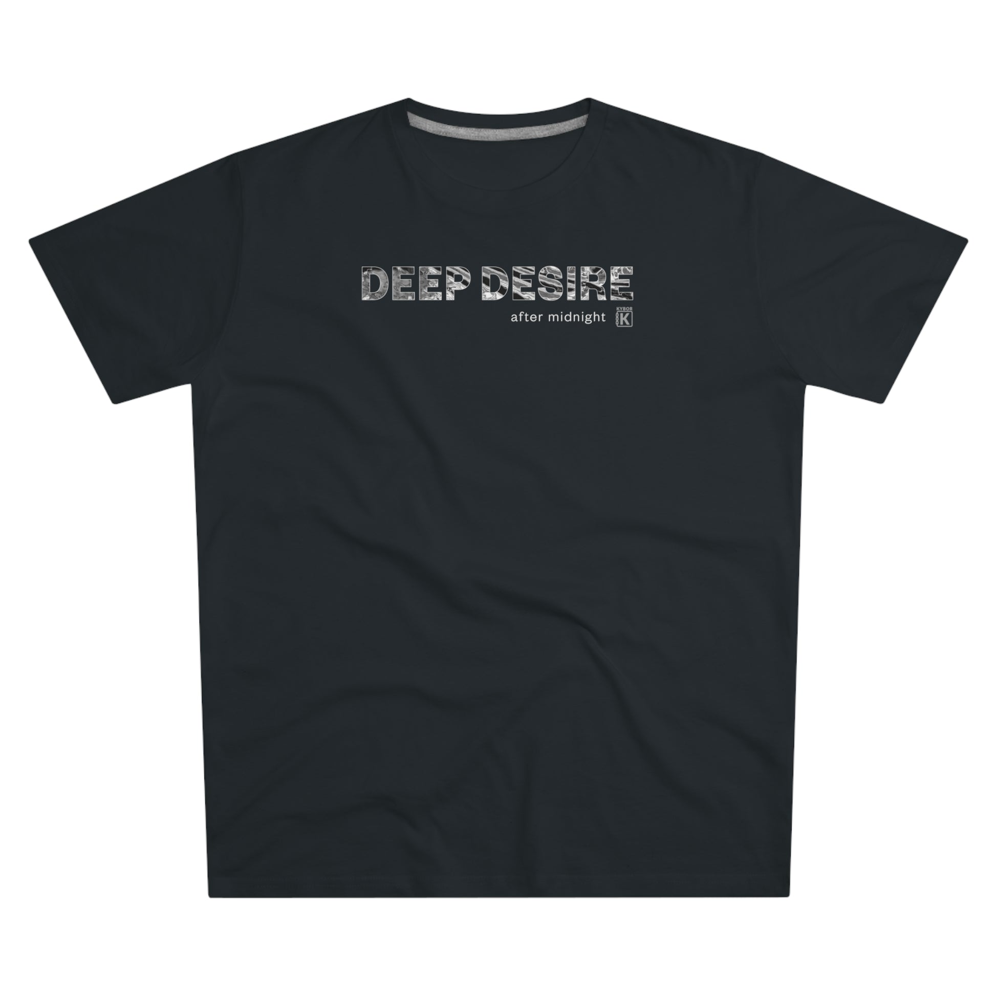 Black t-shirt with 'DEEP DESIRE' text on a white background