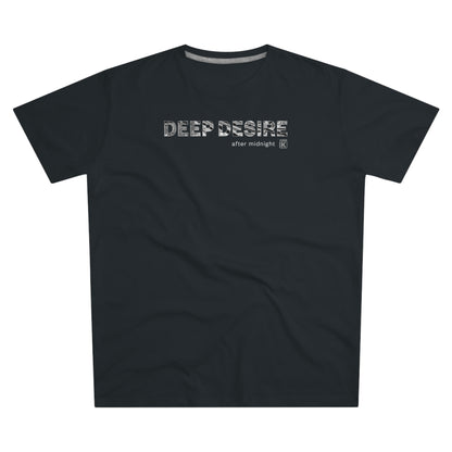 Black t-shirt with 'DEEP DESIRE' text on a white background