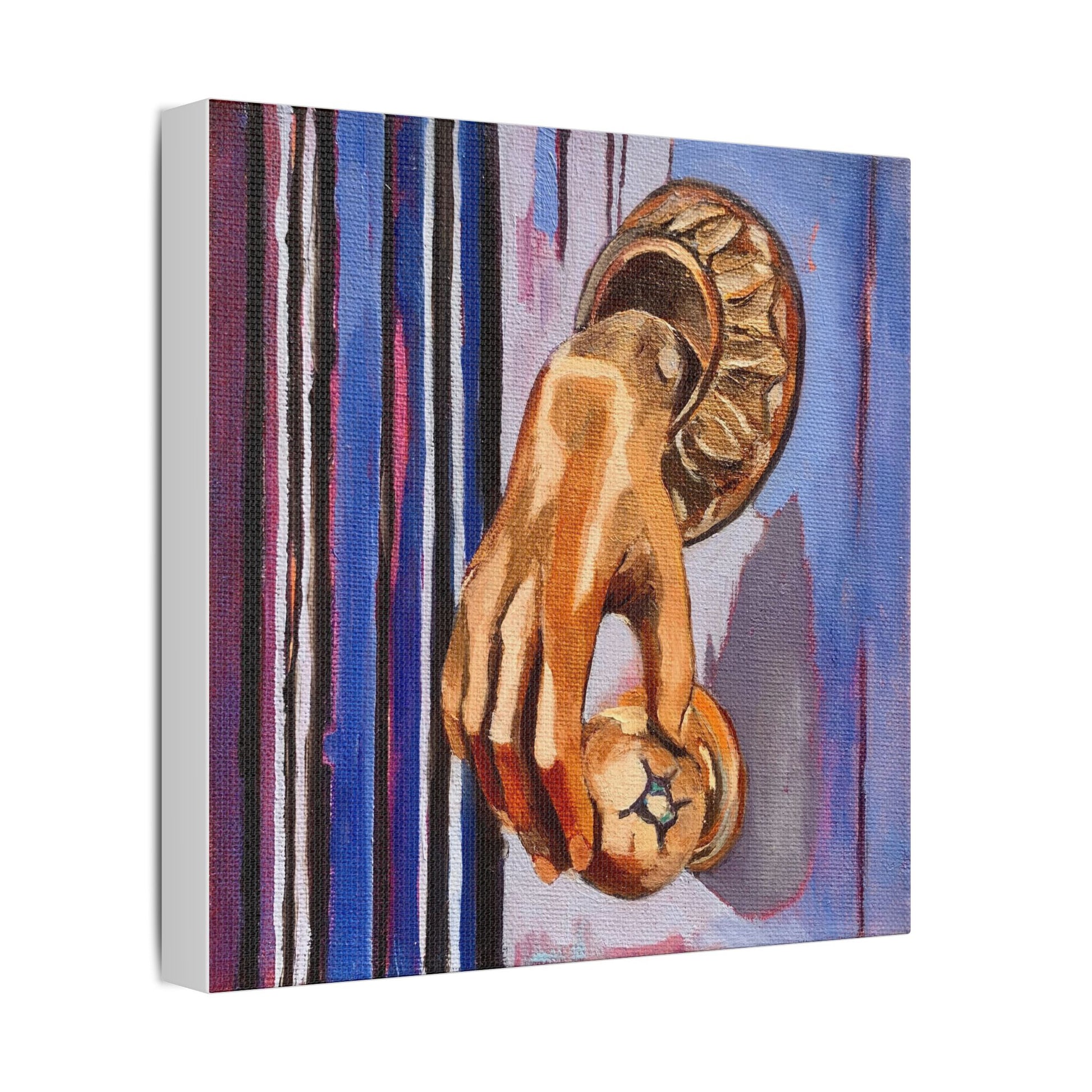 Canvas print of a hand holding a doorknob against a striped background