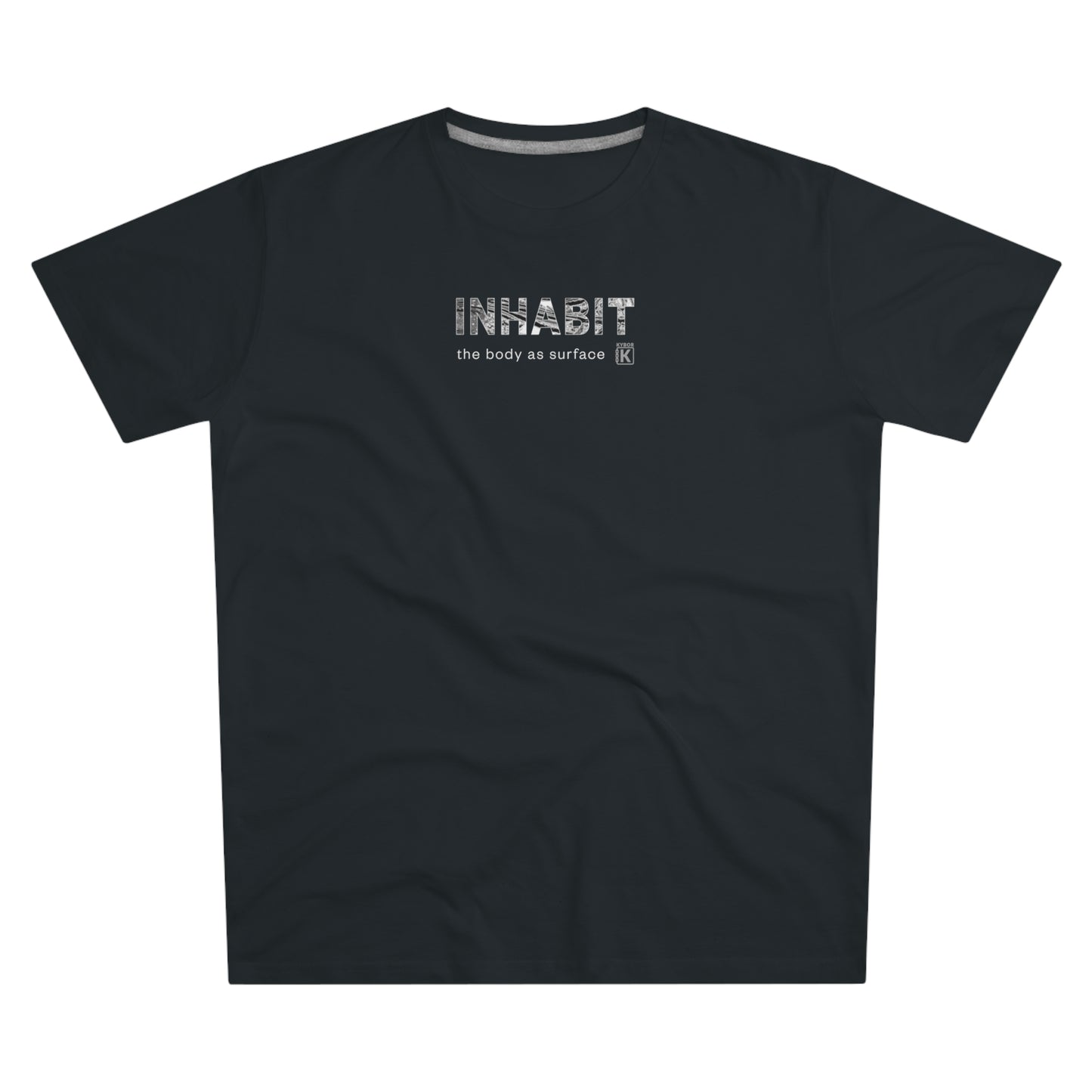 Black t-shirt with a white logo on a white background