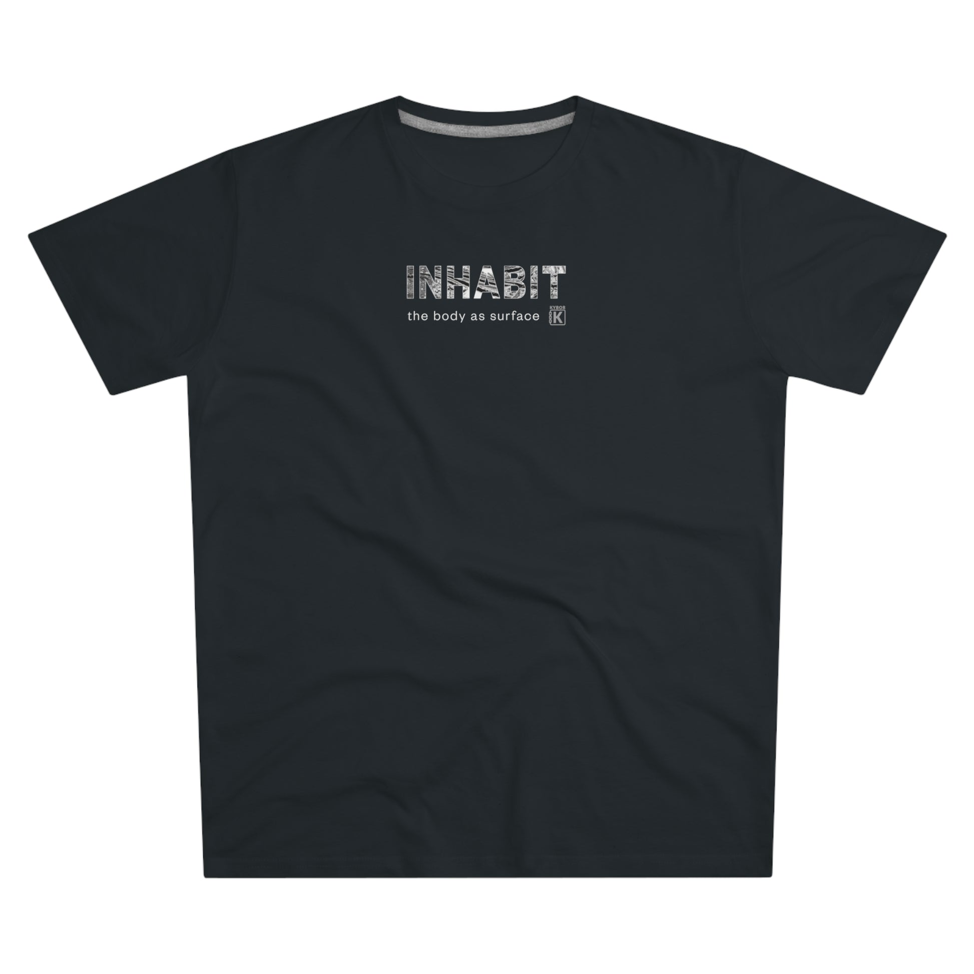 Black t-shirt with a white logo on a white background