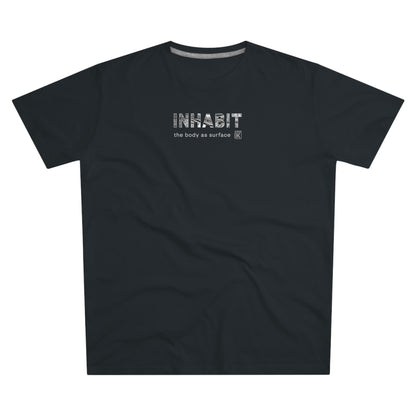 Black t-shirt with a white logo on a white background