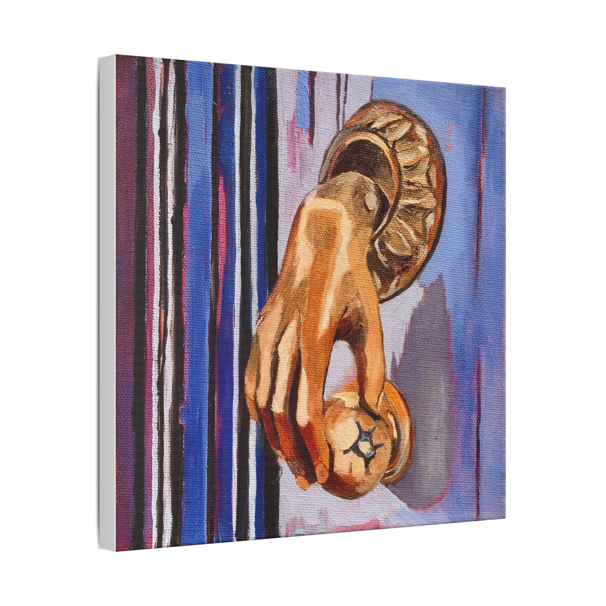 Canvas print of a hand holding a door knocker against a striped background