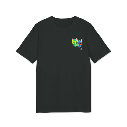 Black t-shirt with a small logo on the chest against a white background