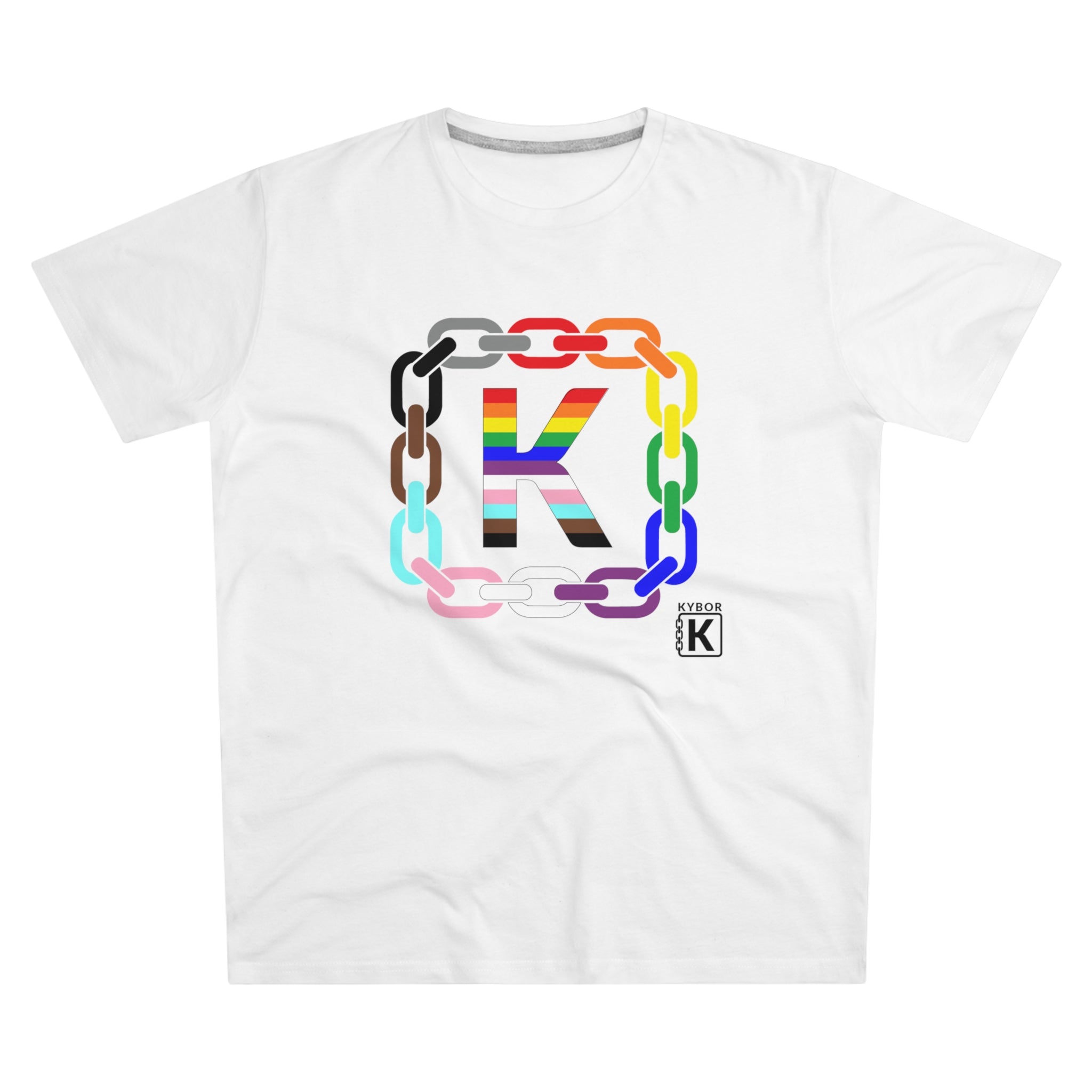 100% Cotton Crew-Neck T-Shirt - Featuring The KYBOR Logo With Interlocking Chain Link In Pride Rainbow Colours