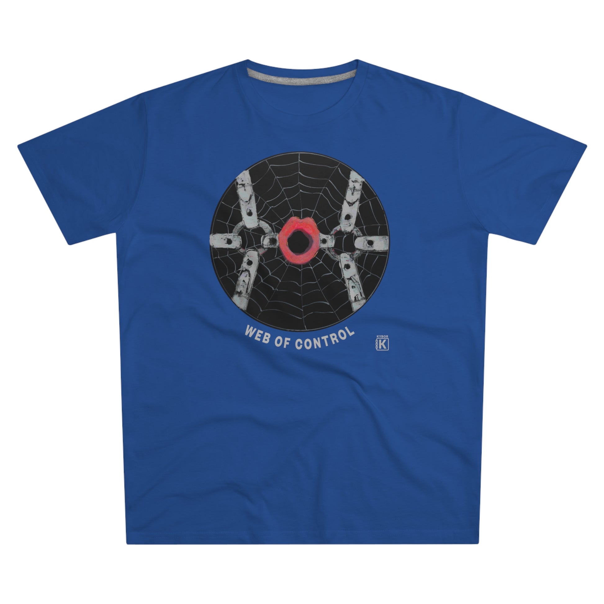 Blue t-shirt with a spider web design 