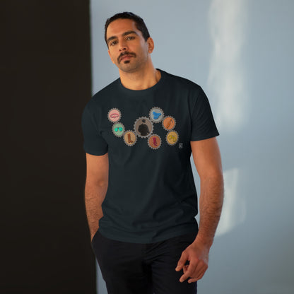 Man wearing a black t-shirt with colorful graphic design against a neutral background
