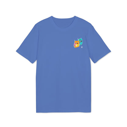 Blue t-shirt with a colourful graphic on the chest against a white background
