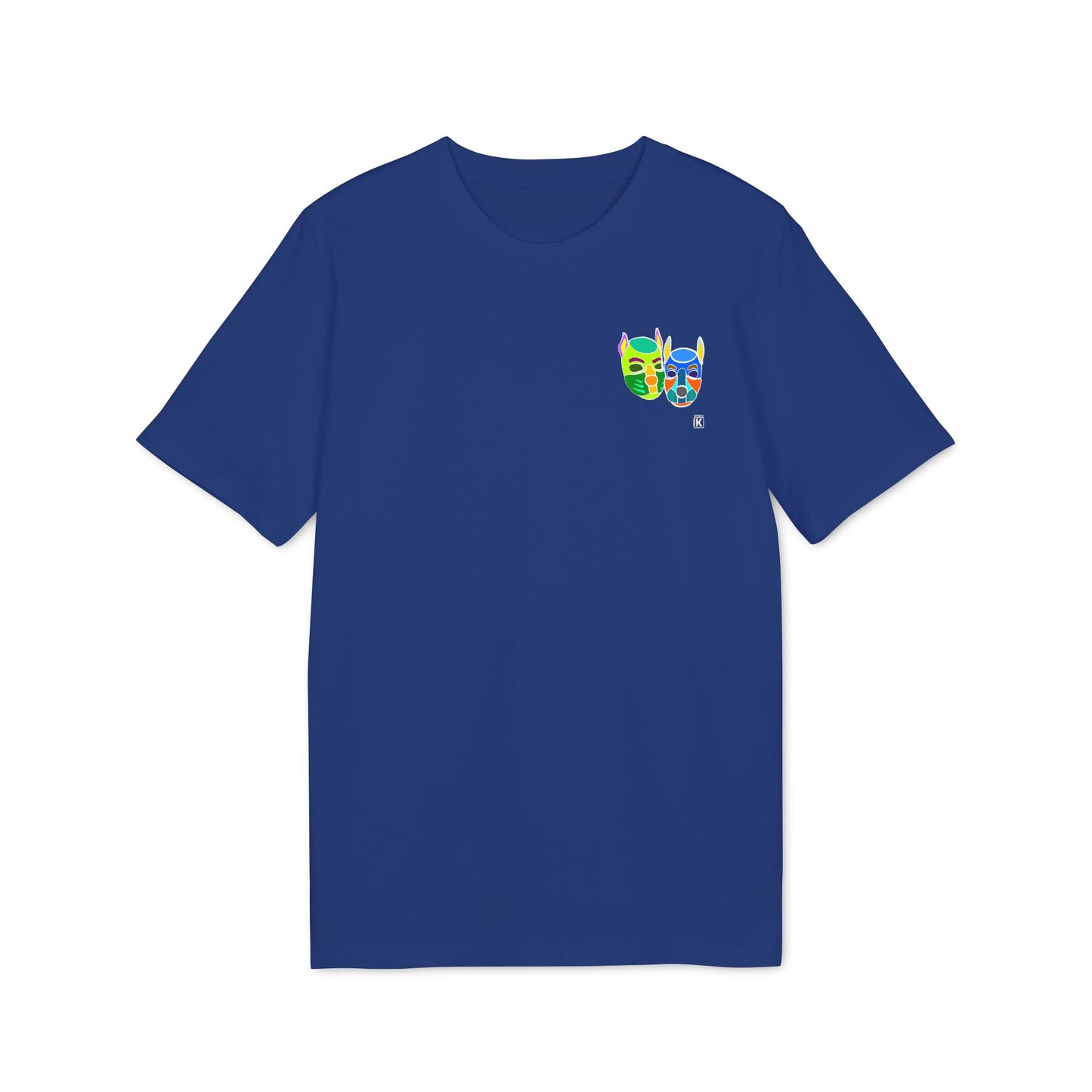 Blue t-shirt with a colourful graphic on the chest against a white background