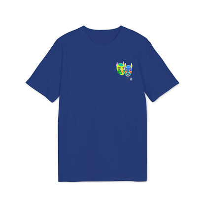 Blue t-shirt with a colourful graphic on the chest against a white background