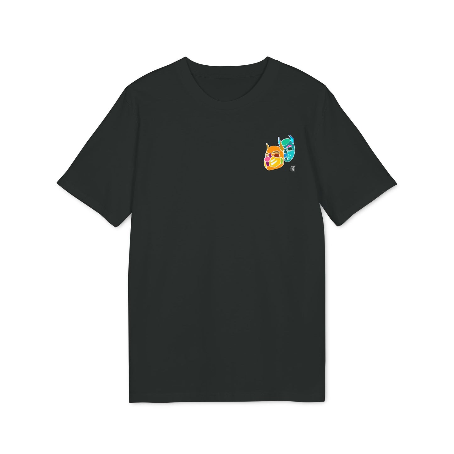 Black t-shirt with a colourful graphic on the chest against a white background