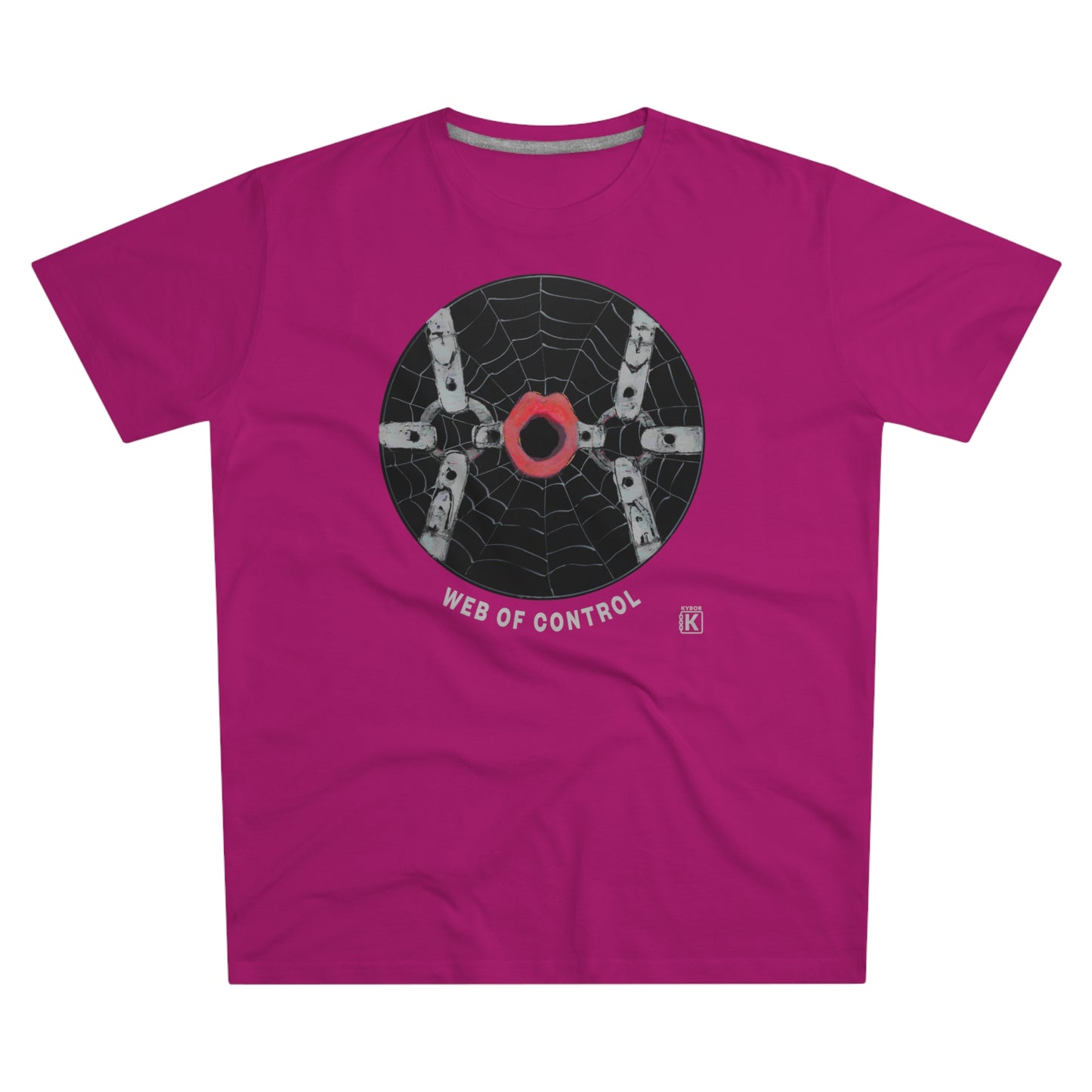 Pink t-shirt with a black circular design of a spider web