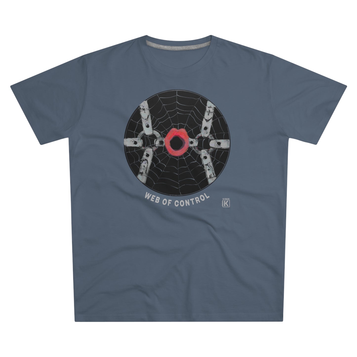 A blue t-shirt with a spider web design on the front