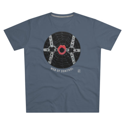 A blue t-shirt with a spider web design on the front