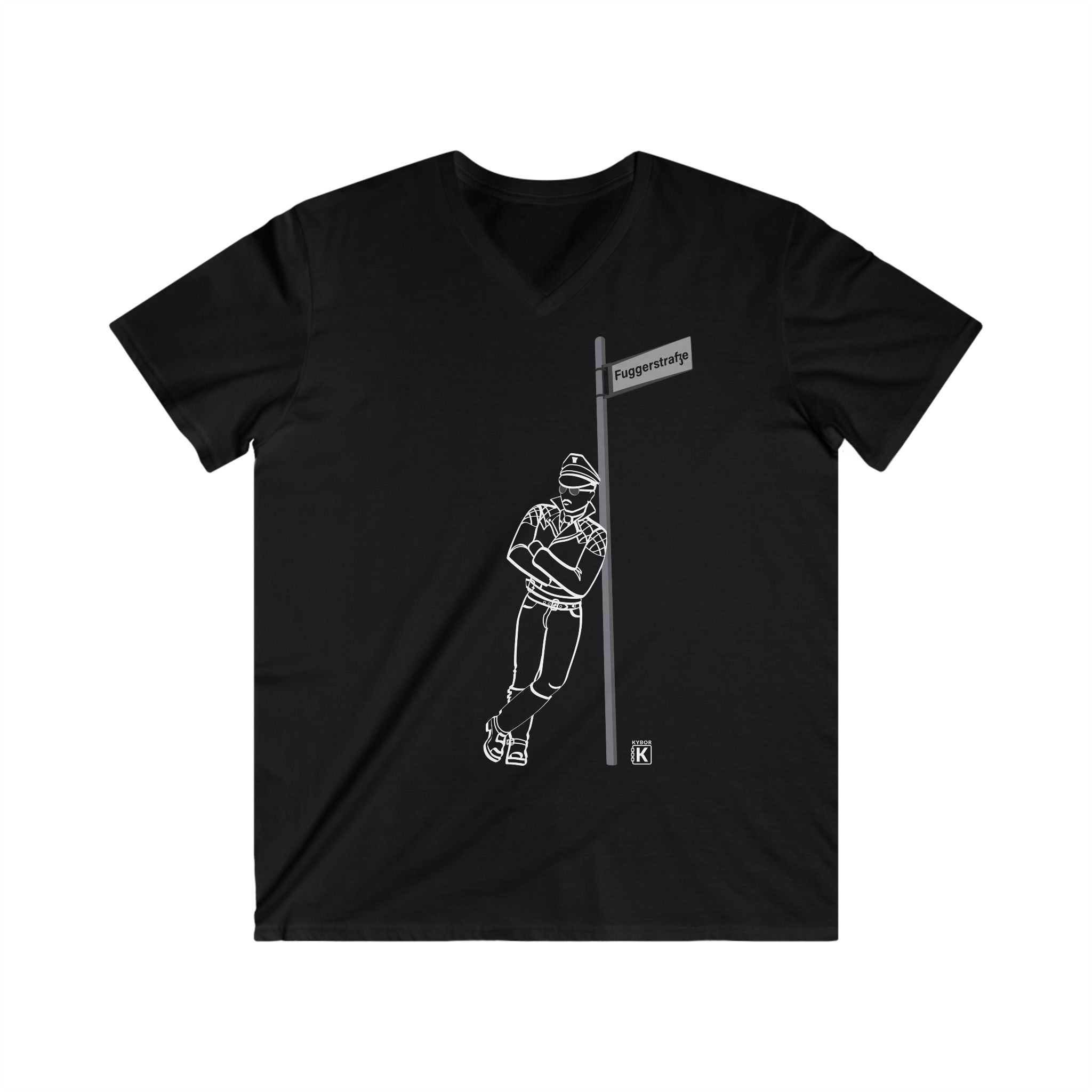 100% Cotton V-Neck T-Shirt - With Graphic Featuring a Leather Man Leaning On A Post At 'Fuggerstrasse'