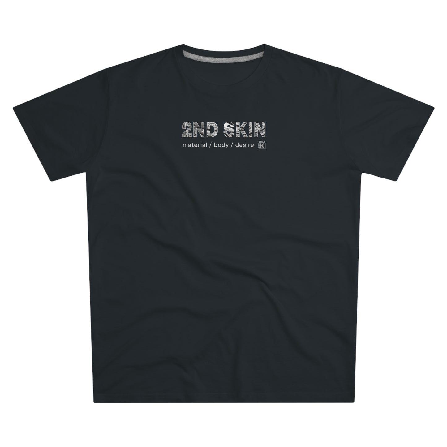 Black t-shirt with 'SECOND SKIN' text on a white background